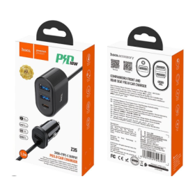 Hoco Carregador de isqueiro com extensão 3x USB-A + 1x USB-C (PD, QC3, AFC, FCP) 42W Z35 - Preto