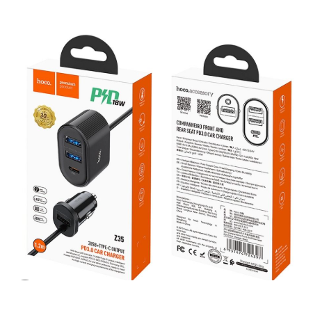 Hoco Carregador de isqueiro com extensão 3x USB-A + 1x USB-C (PD, QC3, AFC, FCP) 42W Z35 - Preto