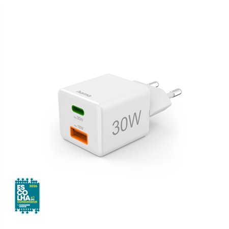 Carregador USB-C + USB-A 30W Rápido Mini-charger Branco