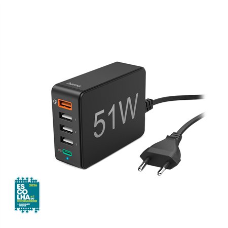 Carregador USB-C 1 Porta + USB-A 4 Portas 51W Rápido Preto