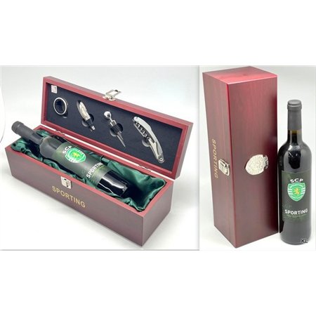 Cx. de Madeira c/Garrafa + Acessorios de Vinho Sporting CP