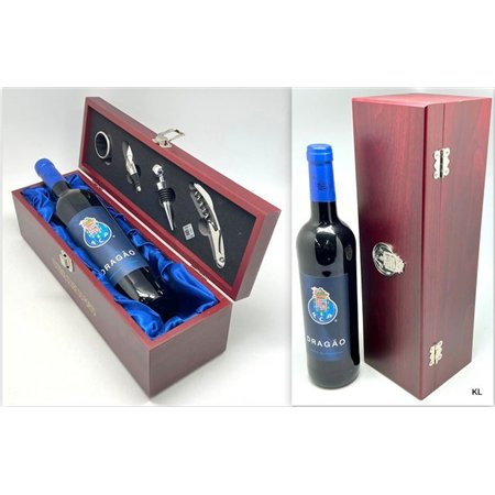 Cx. de Madeira c/Garrafa + Acessorios de Vinho FC Porto