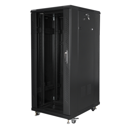 Armário rack Lanberg 19" 27U 600X800 embalagem plana porta de vidro preto com LCD