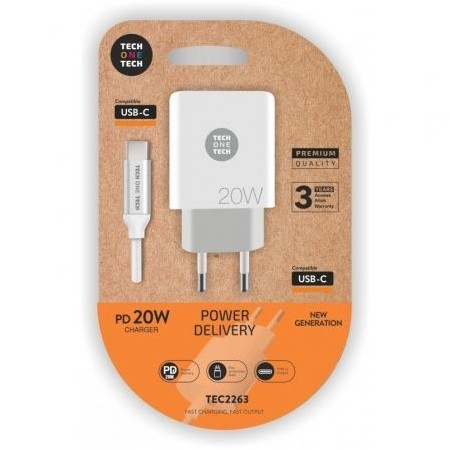 Carregador de parede Tech One Tech TEC2263/ 1xUSB tipo C + cabo USB tipo C/ 3A/ branco