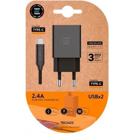 Tech One Tech TEC2423/ 2 carregadores de parede USB + cabo USB tipo C/ 2,4 A/ preto