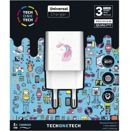 Carregador de parede Tech One Tech Unicorn Dream/ 2xUSB/ 2.4A/ Branco