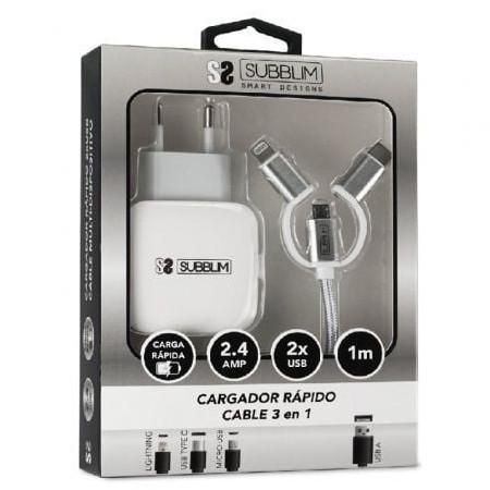 Subblim SUB-CHG-1ZWC01/ 2xUSB Carregador de parede + Cabo 3 em 1/ 12W/ Branco