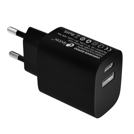 Carregador Leotec 20W Quick Charge 1 USB Tipo-C Pd 1 USB-A Preto