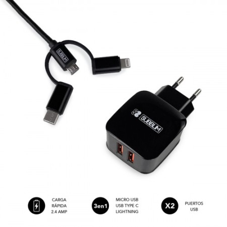 SUBBLIM USB VIAGEM/CARREGADOR DE PAREDE 2xUSB (2.4A) + 3IN1 CABO PRETO Interior preto