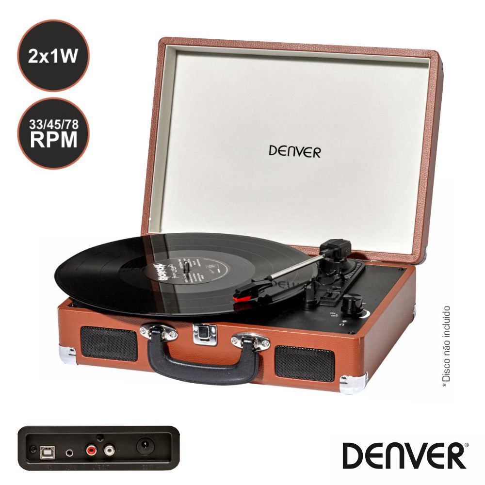 Gira-Discos 33/45/78Rpm Vintage 2X1W Castanho Denver