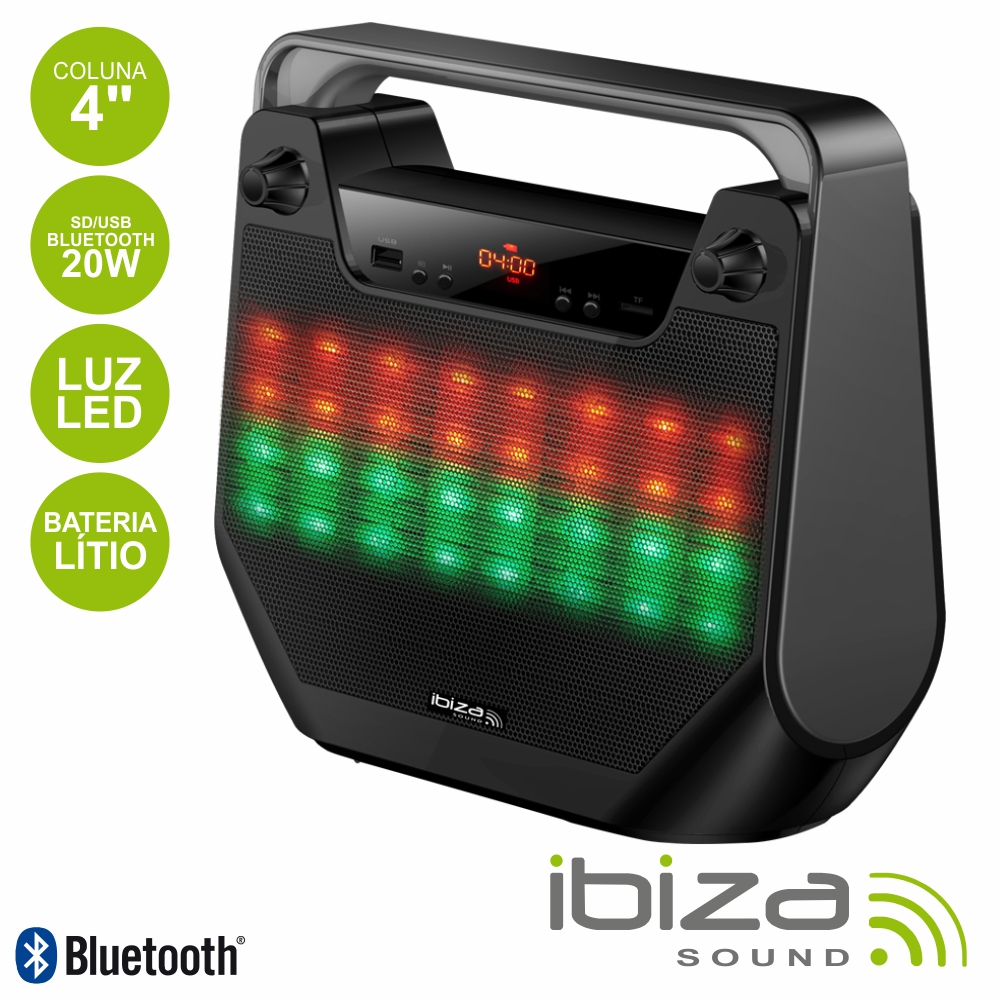 Coluna Bluetooth Portátil 4" 20W Usb/Bt/Bat Led Ibiza