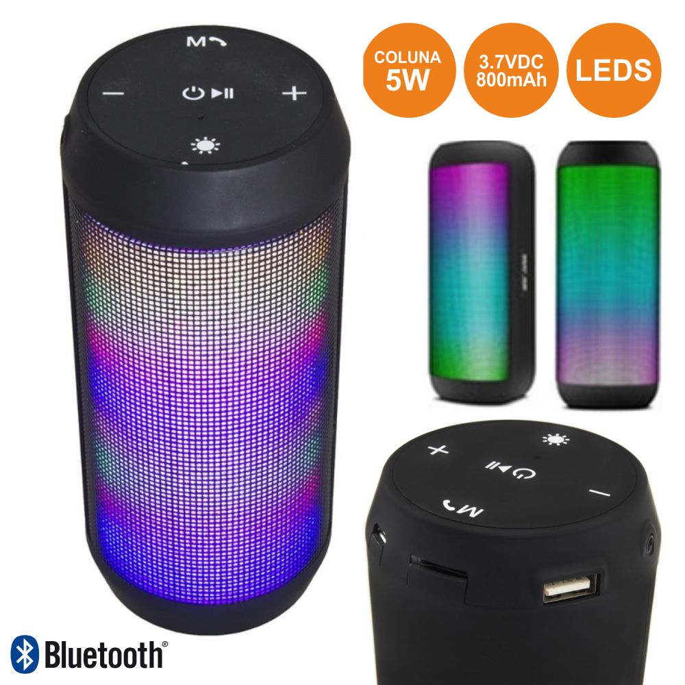 Coluna Bluetooth Portátil 5W Usb/Sd/Fm/Aux/Bat Leds