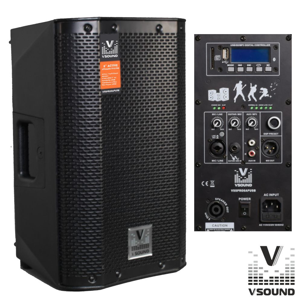 Coluna Bi-Amplificada Pro 8" Usb/Sd/Fm/Bt 300W Vsound