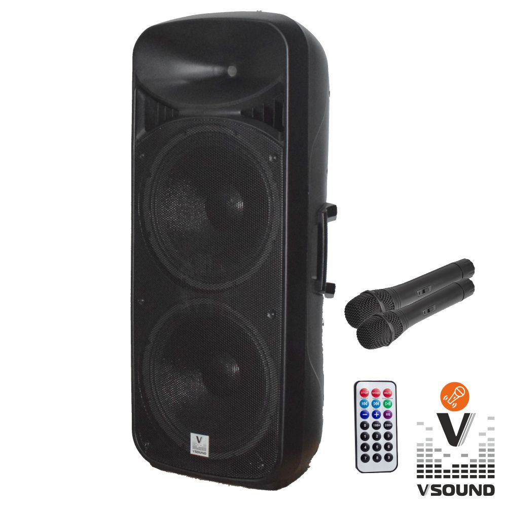 Coluna Amplificada 2X15" Usb/Fm/Bt/Sd/Bat Mic Leds Vsound
