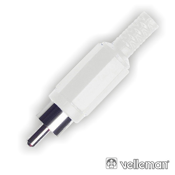 FICHA RCA MACHO BRANCA PVC C/ PROTEÇÃO DE CABO