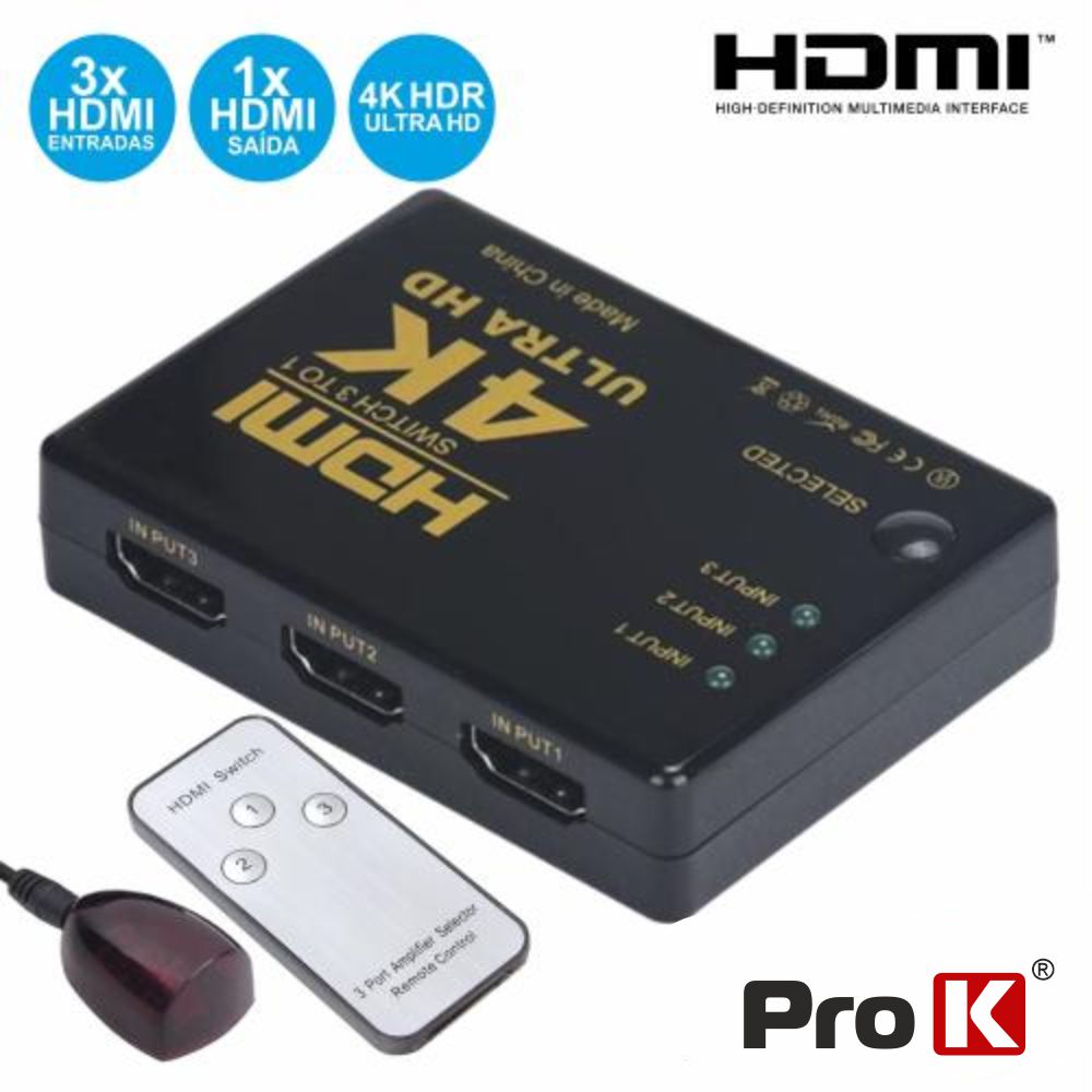 Distribuidor HDMI Amplificado 3 Entradas 1 Saída Ir Prok