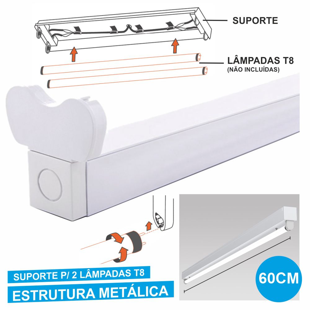 Armadura 60cm p/ 2 Lâmpadas Tubulares T8 G13