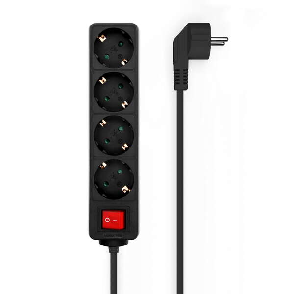 Aisens Base Múltipla 4 Tomadas com Interruptor com Cabo 3×1,5mm2 - 1,4m - Cor Preta
