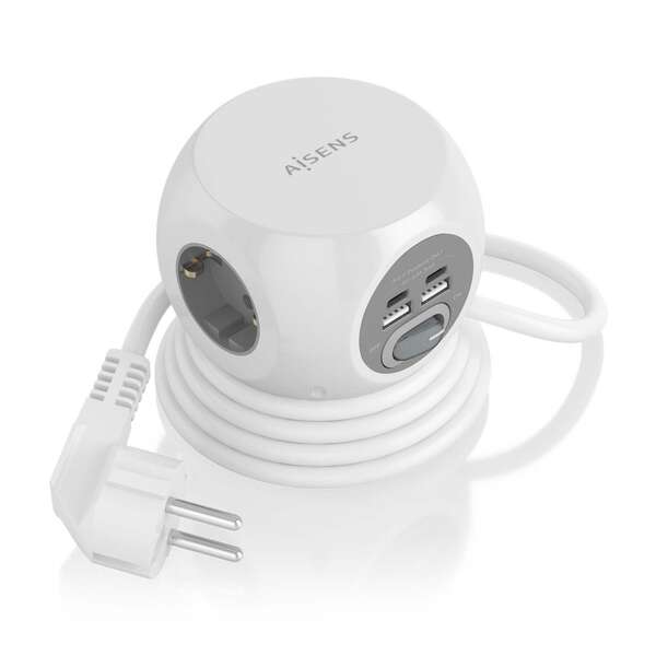 Power Strip multifuncional de mesa Aisens com 3 tomadas + 2xUSB-C - 2xUSB-A - 1,4m - cor branca
