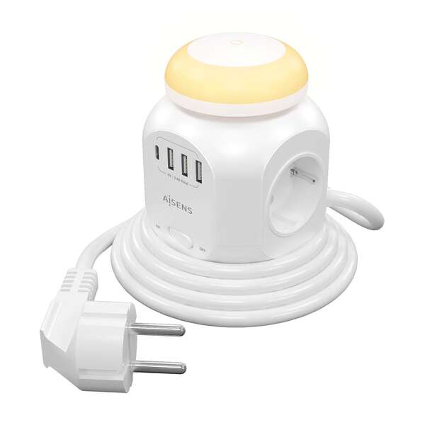 Power Strip multifuncional de mesa Aisens com 4 tomadas + 1xUSB-C - 3xUSB-A - Luz noturna - 1,8m - Cor branca