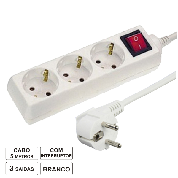 Tomada Elétrica C/ 3 Saídas Interruptor 5M