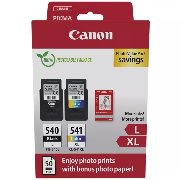 Canon PG540L Preto + CL541XL Colorido Pack de 2 Tinteiros Originais - 50 Folhas de Papel Fotográfico - 5224B012/5224B007/5224B00