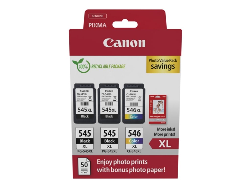 Canon PG545XL Preto + CL546XL Colorido Pack de 3 Tinteiros Originais + 50 Folhas de Papel Fotográfico - 8286B015